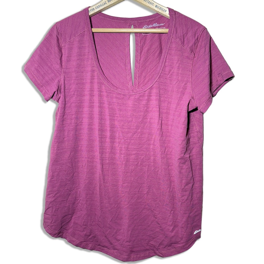 Eddie Bauer Scoop Neck Cutout Eyelet Tshirt Blouse Pink Womens L Popover Beach